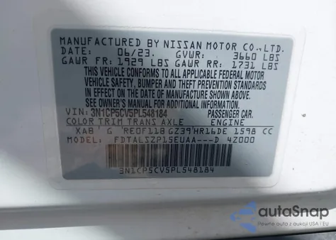 2023 Nissan Kicks Sv Xtronic Cvt z USA, uszkodzony, nr VIN 3N1CP5CV5PL548184